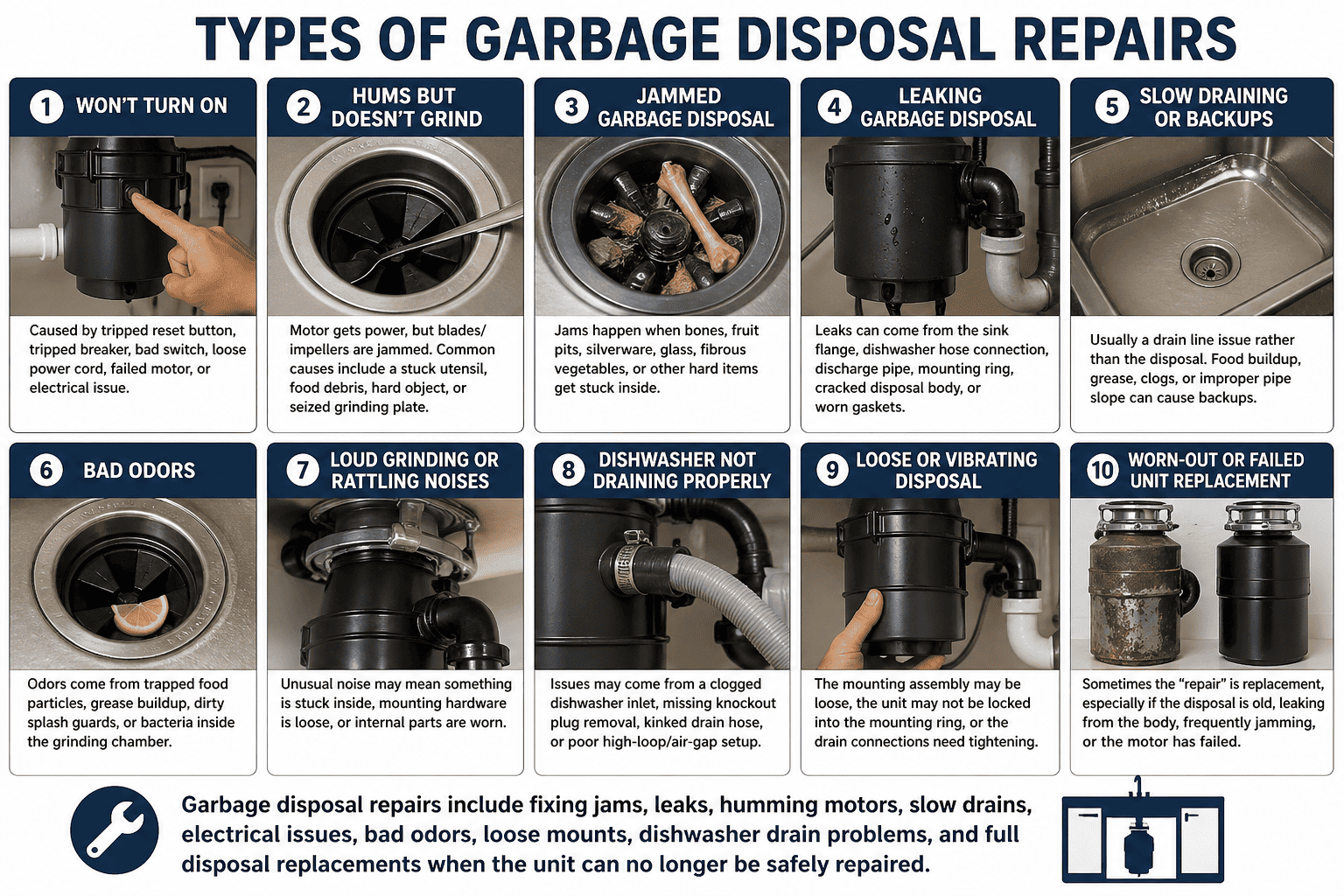 types of garbage disposal repairs